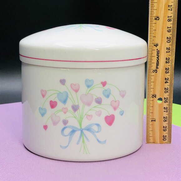 80s FTDA Pastel Heart Blue Ribbon Bouquet Porcelain Canister Vintage Candy Jar - Picture 10 of 10